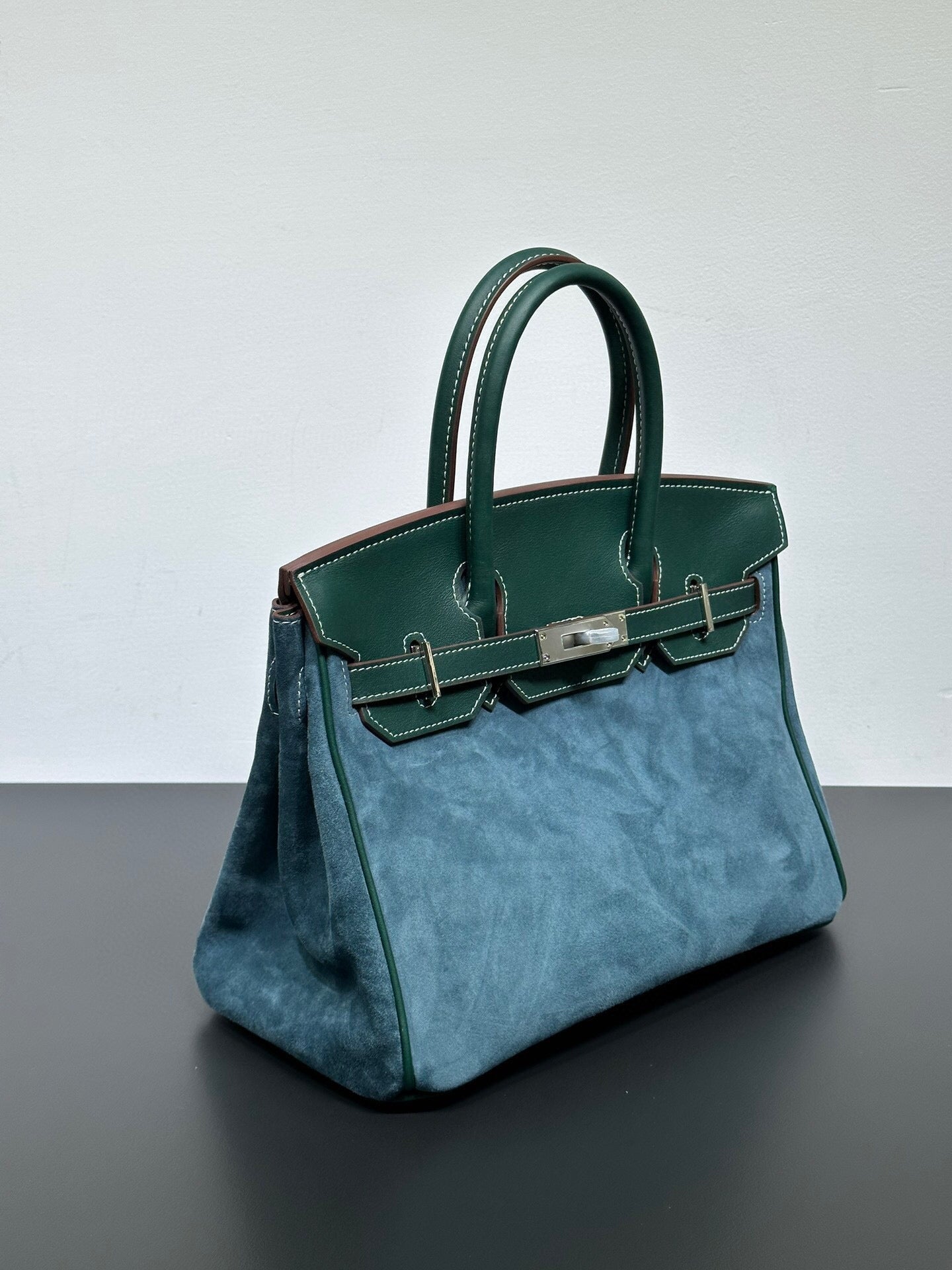 Womens Suede Leather Padlock Top Handle Bag Dark Green