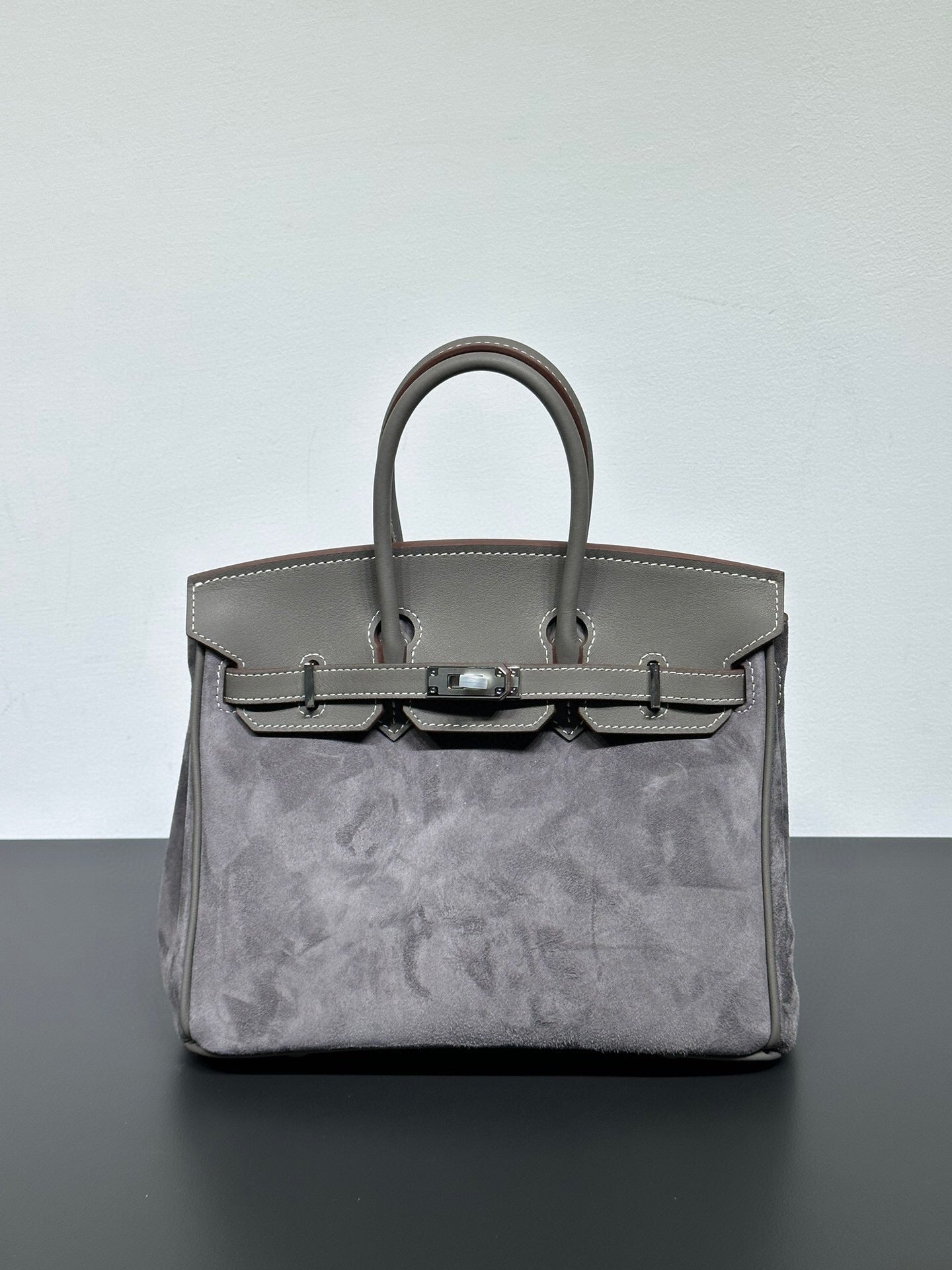 Womens Suede Leather Padlock Top Handle Bag Grey