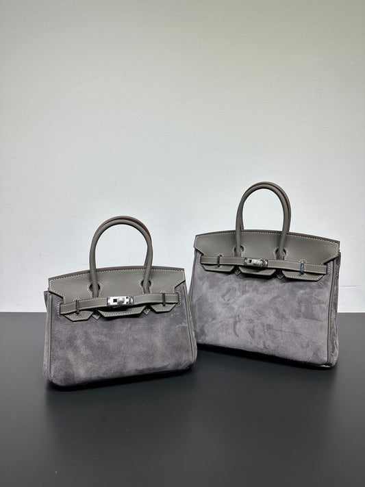 Womens Suede Leather Padlock Top Handle Bag Grey