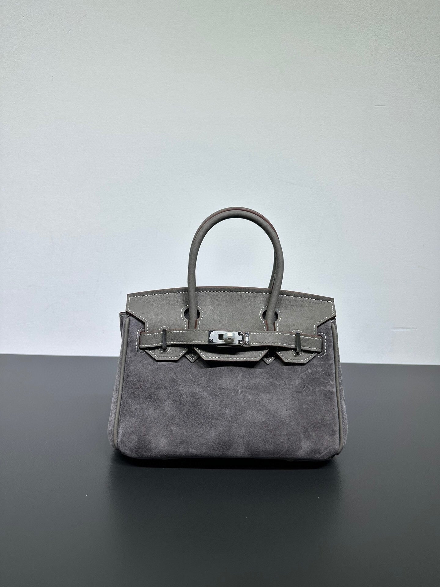 Womens Suede Leather Padlock Top Handle Bag Grey