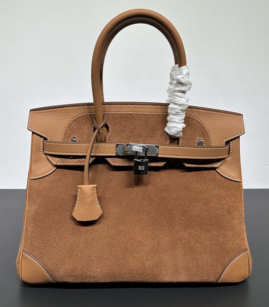 Womens Suede Leather Padlock Top Handle Bag Tan