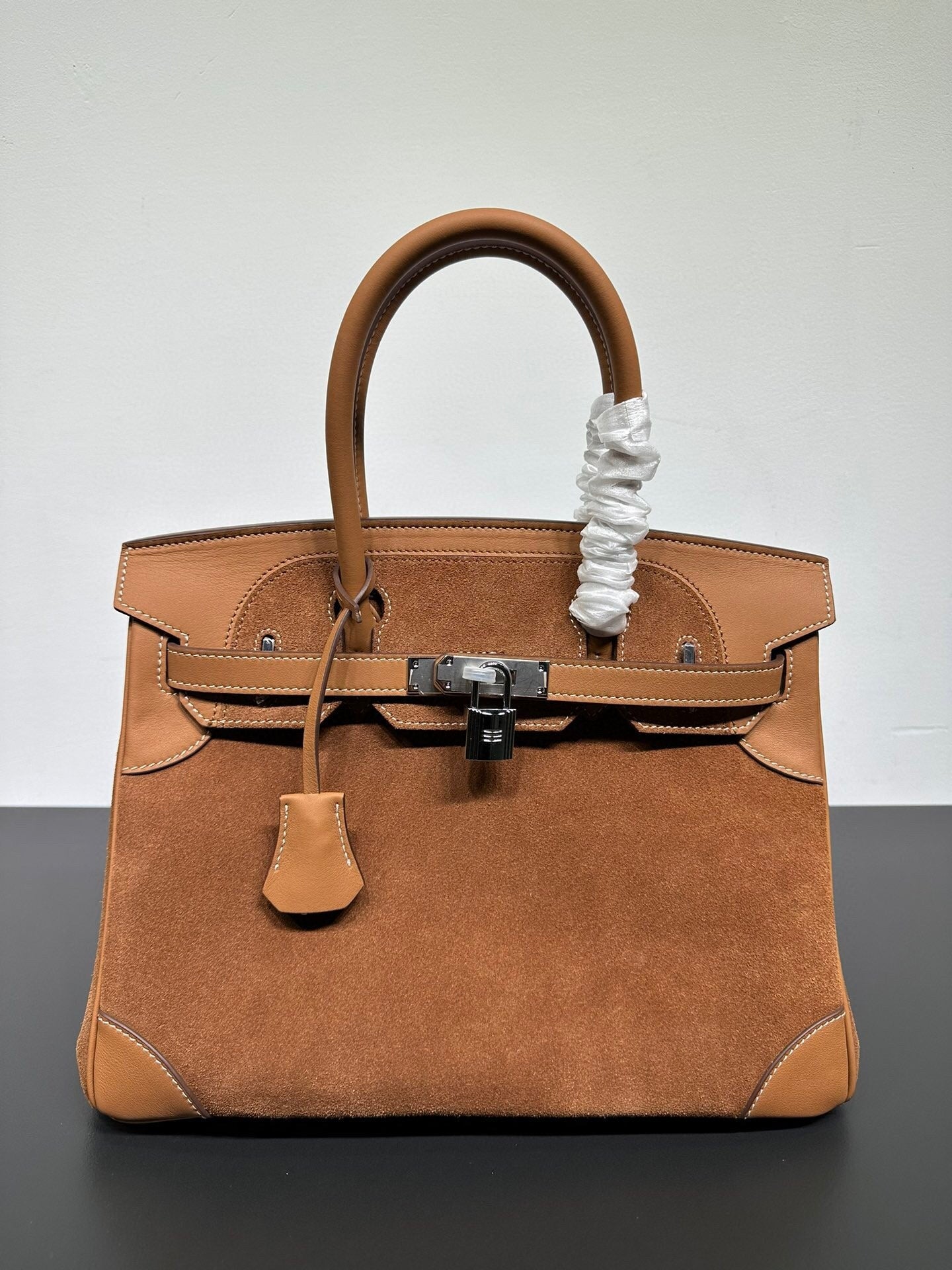 Womens Suede Leather Padlock Top Handle Bag Tan