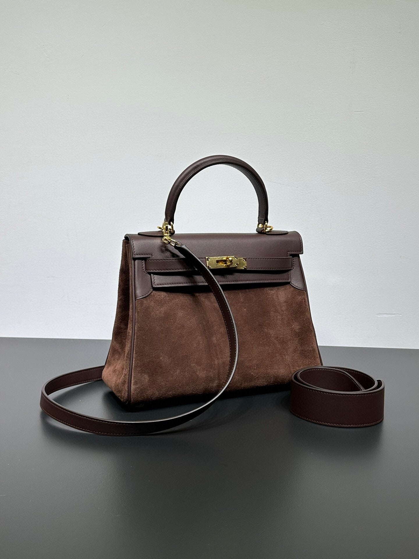 Womens Suede Leather Padlock Tote Bag Brown
