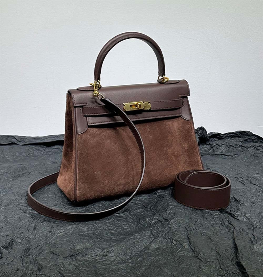 Womens Suede Leather Padlock Tote Bag Brown