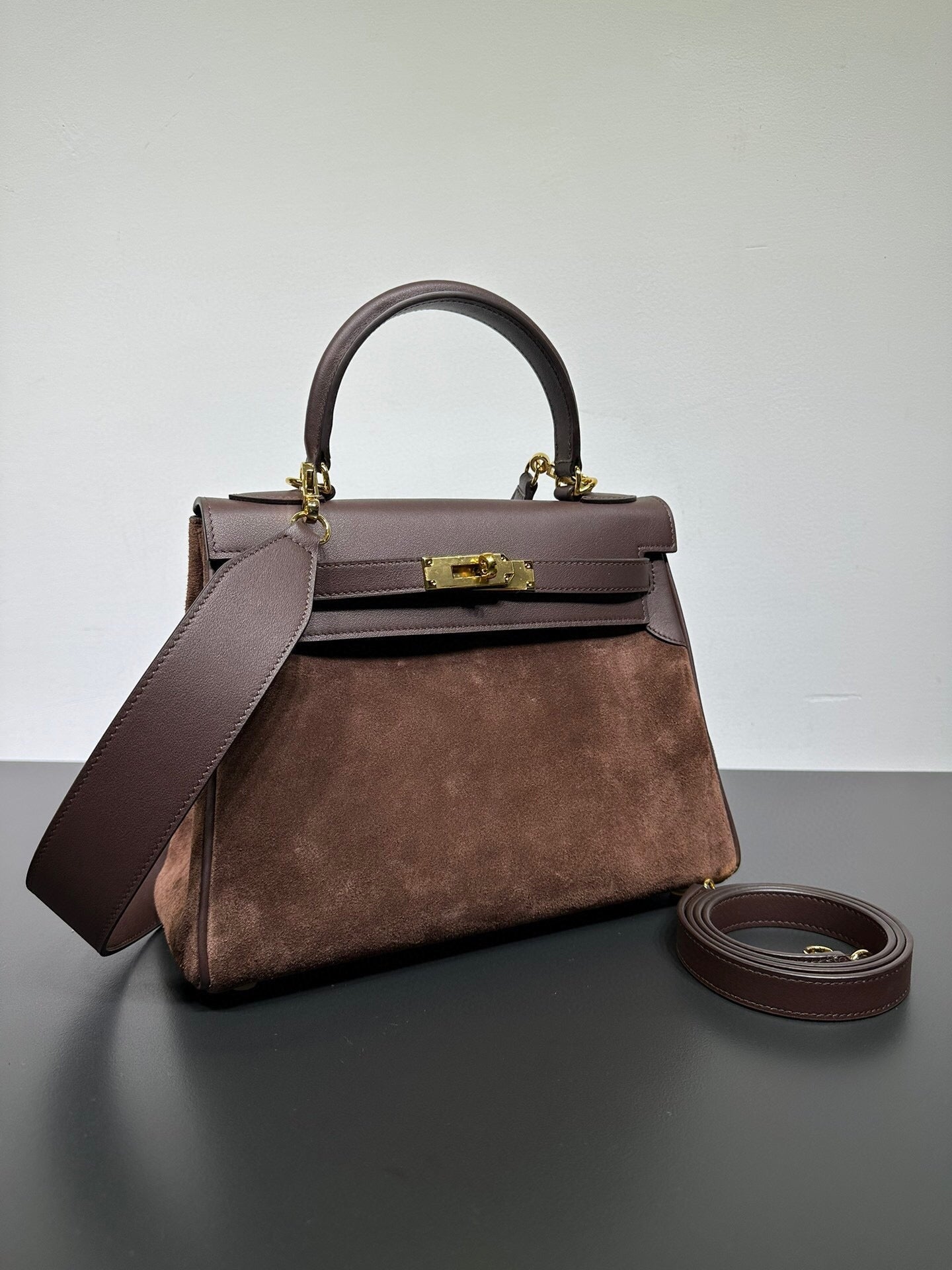 Womens Suede Leather Padlock Tote Bag Brown