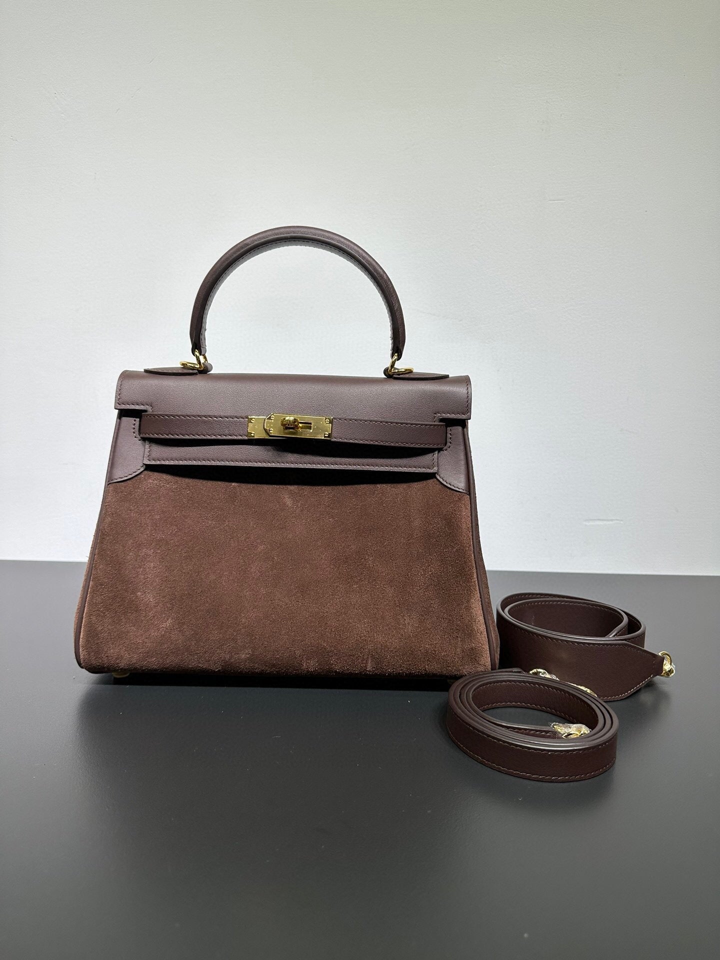 Womens Suede Leather Padlock Tote Bag Brown