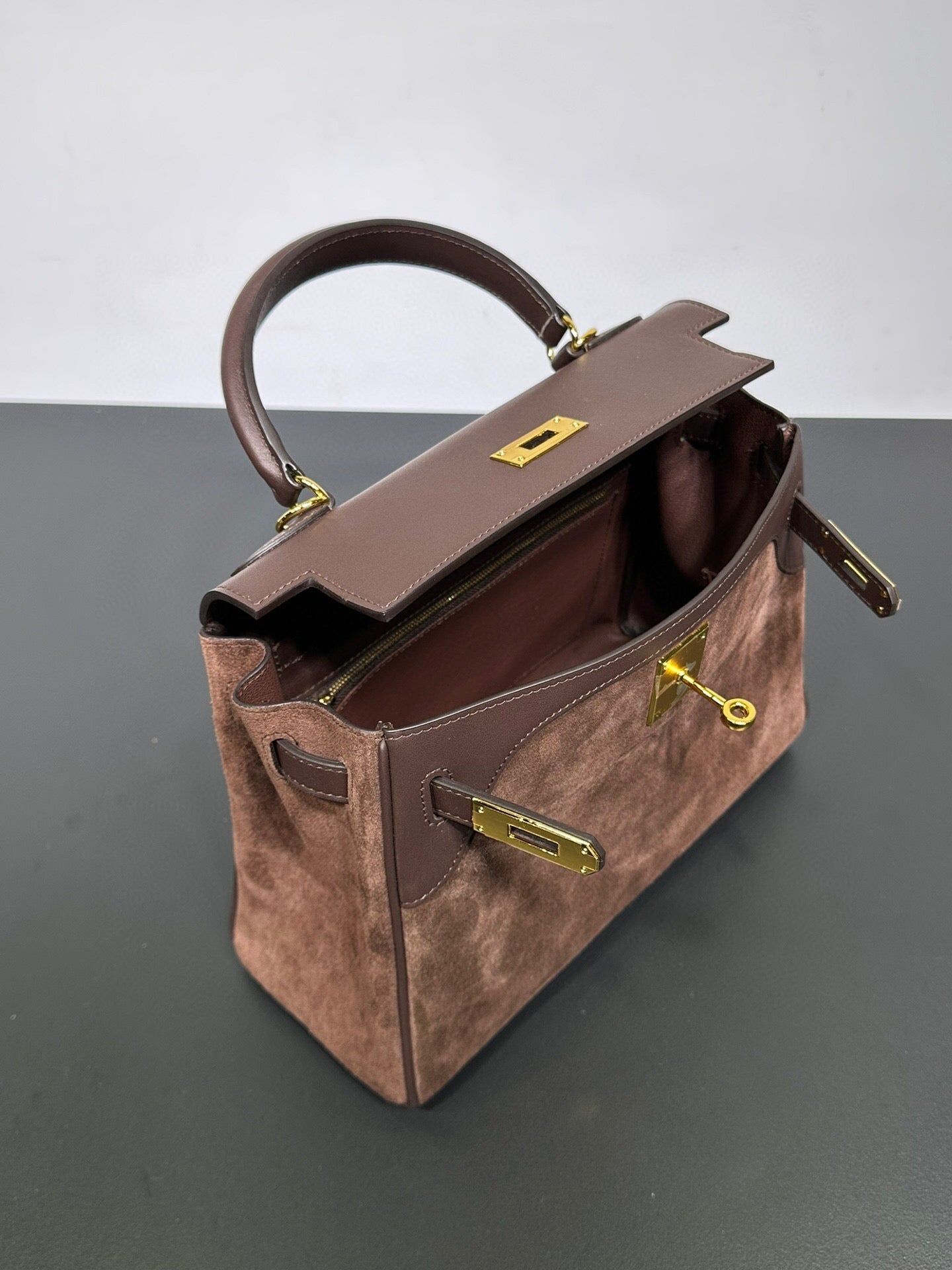 Womens Suede Leather Padlock Tote Bag Brown