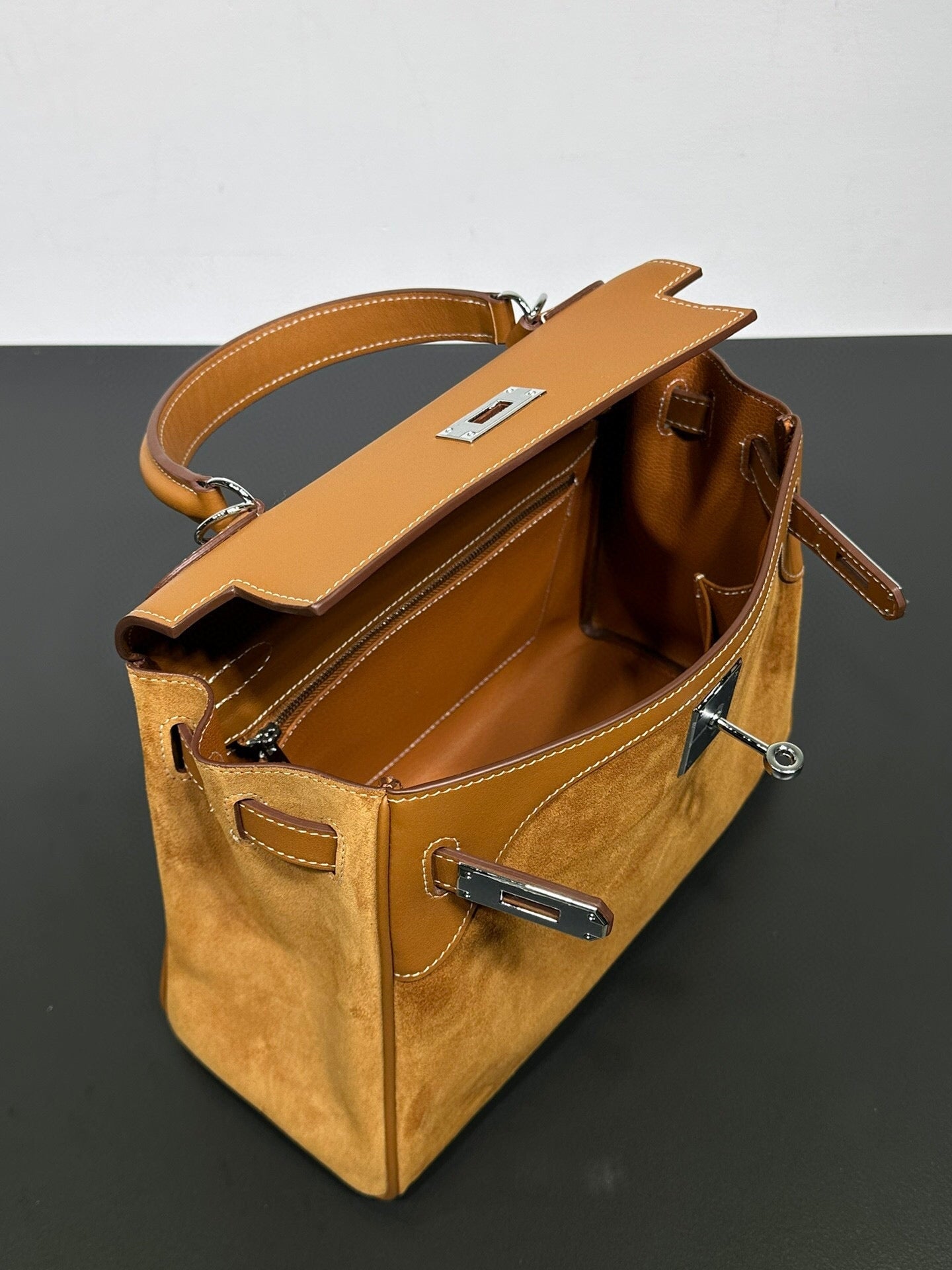 Womens Suede Leather Padlock Tote Bag Gold