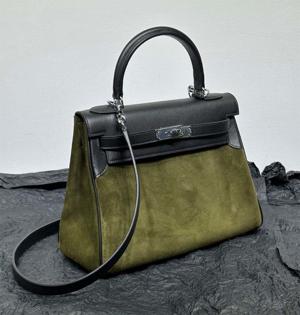 Womens Suede Leather Padlock Tote Bag Olive Green
