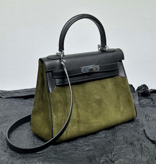 Womens Suede Leather Padlock Tote Bag Olive Green