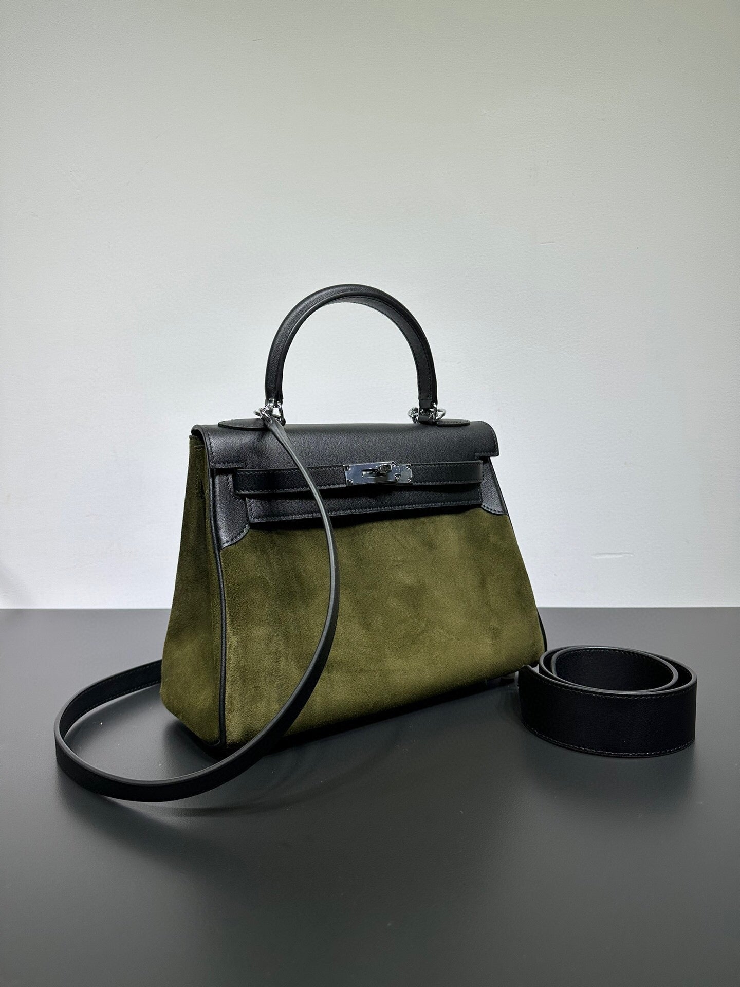 Womens Suede Leather Padlock Tote Bag Olive Green