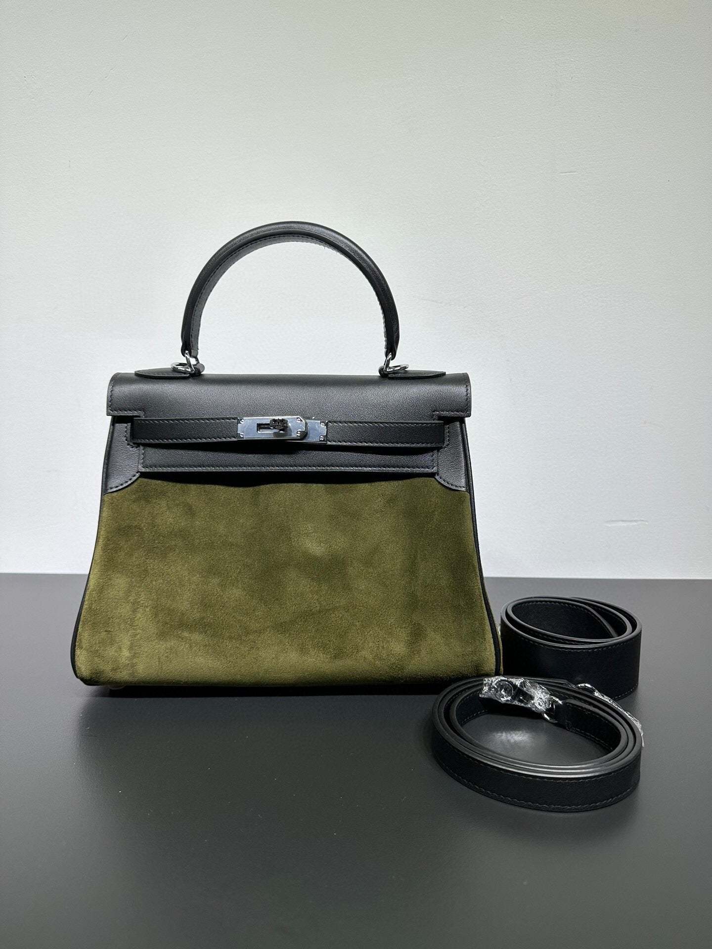 Womens Suede Leather Padlock Tote Bag Olive Green