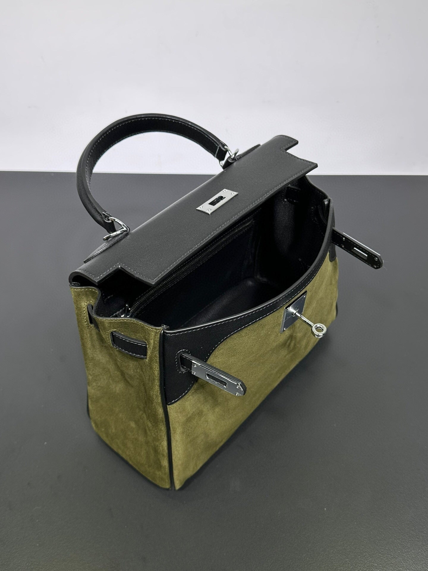 Womens Suede Leather Padlock Tote Bag Olive Green