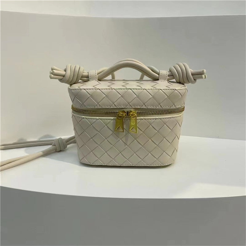 Womens Woven Calfskin Leather Box Cross Body Handle Bag