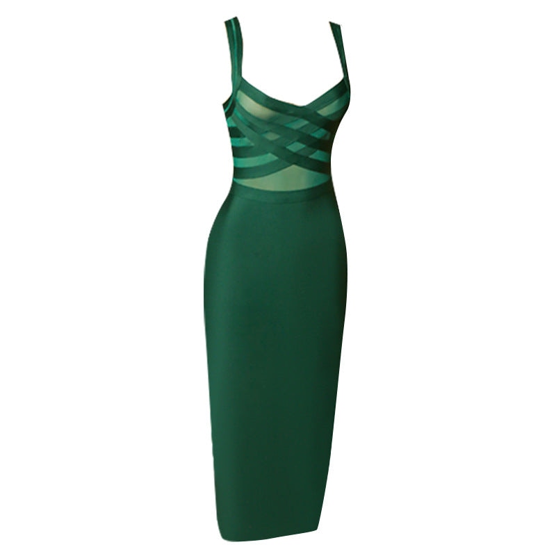 Bandage Dress Mesh Patchwork See Through Sexy Midi Women Elegant Party Clubwear Bodycon