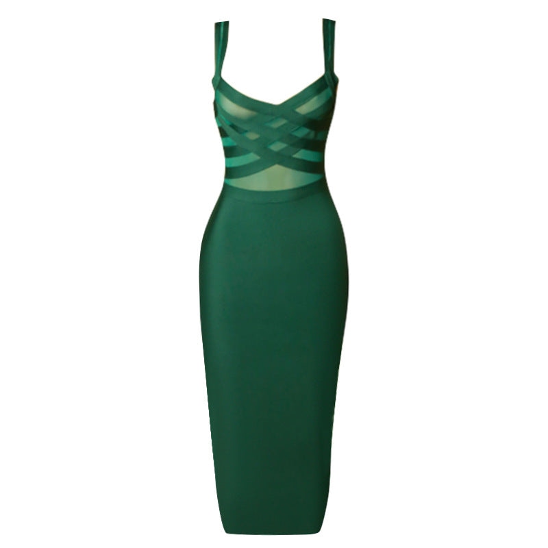 Bandage Dress Mesh Patchwork See Through Sexy Midi Women Elegant Party Clubwear Bodycon