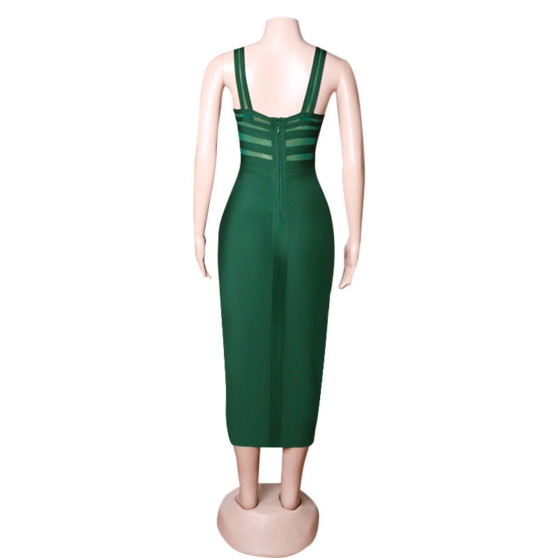 Bandage Dress Mesh Patchwork See Through Sexy Midi Women Elegant Party Clubwear Bodycon