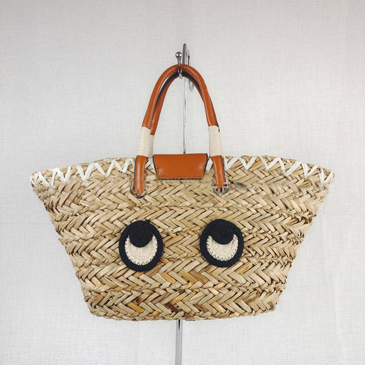 Big Eyes PU Leather-Timmed Woven Raffia Tote Basket Bag