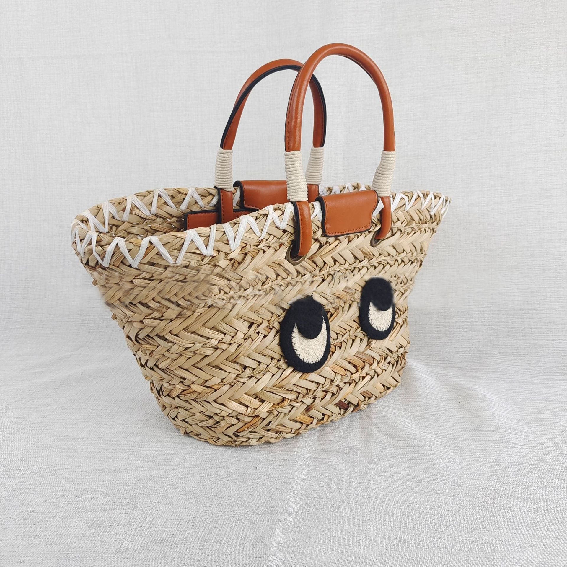 Big Eyes PU Leather-Timmed Woven Raffia Tote Basket Bag