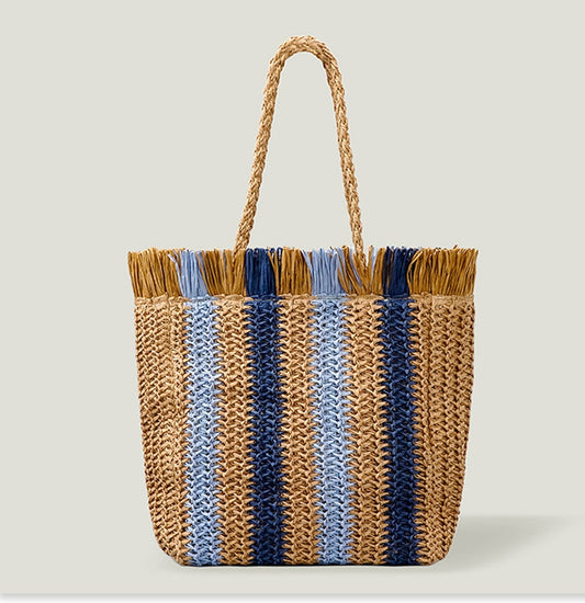 Large Strip Raffia Straw Woven Tote Bag