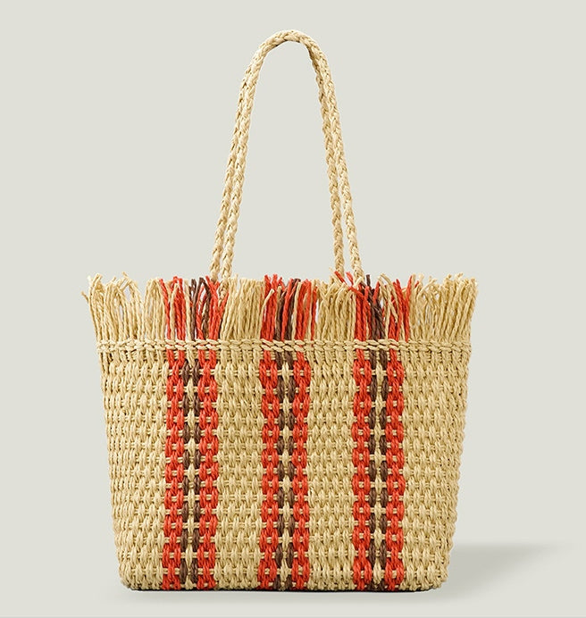 Large Striped Raffia Square Shopping Tote Bags