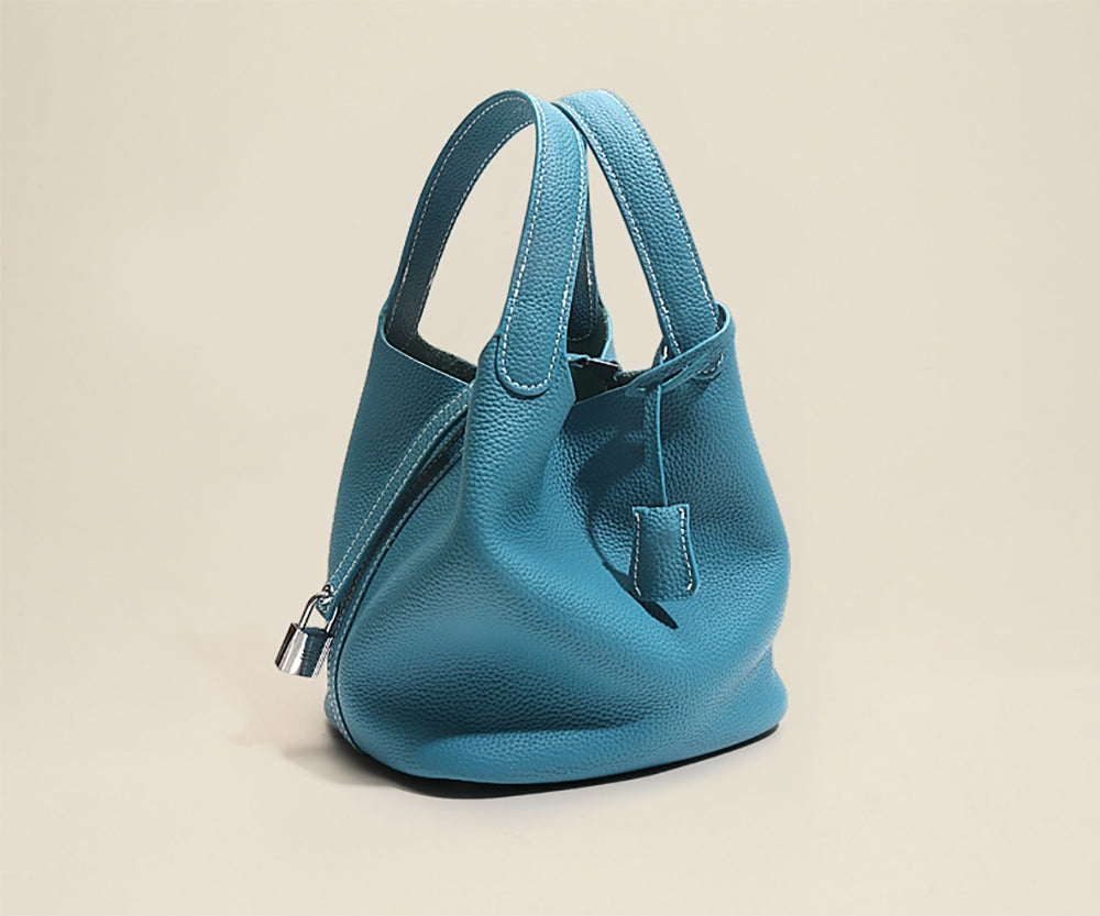Leather Bucket Top Handle Bag Blue