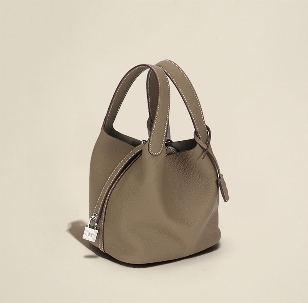 Leather Bucket Top Handle Bag Karki And Black