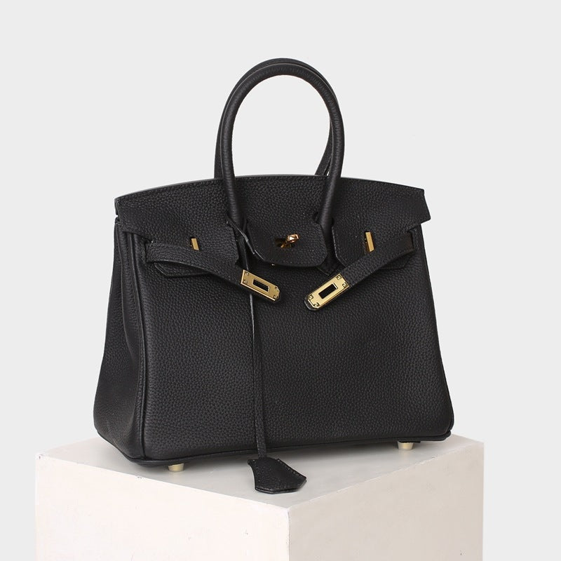 Leather Padlock Tote Handbag Gold Hardware