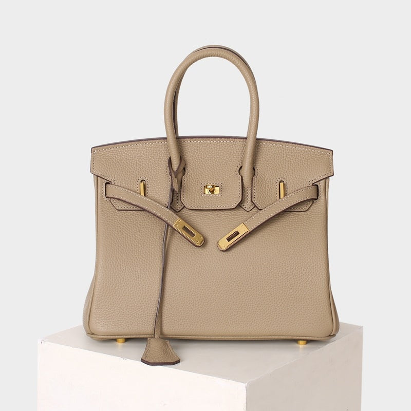 Leather Padlock Tote Handbag Gold Hardware