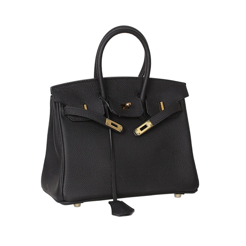 Leather Padlock Tote Handbag Gold Hardware