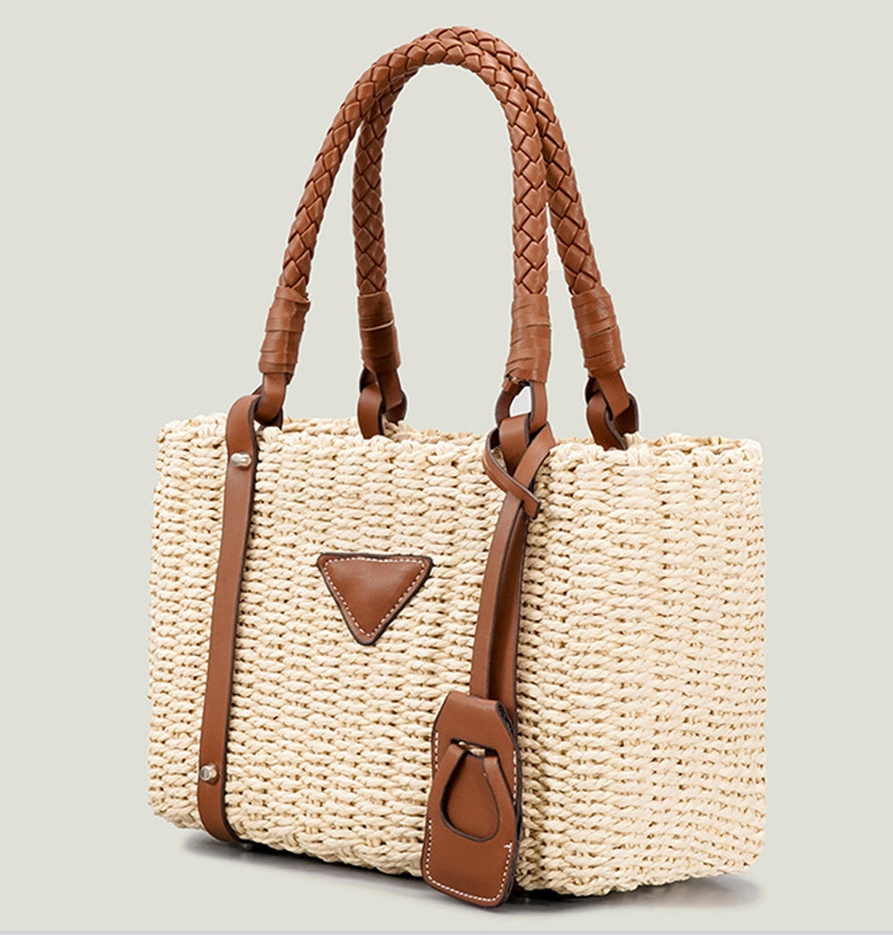 PU Leather Trimmed Raffia Straw Top Handle Tote Bag