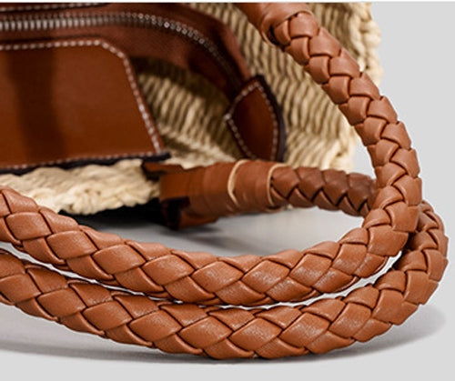 PU Leather Trimmed Raffia Straw Top Handle Tote Bag