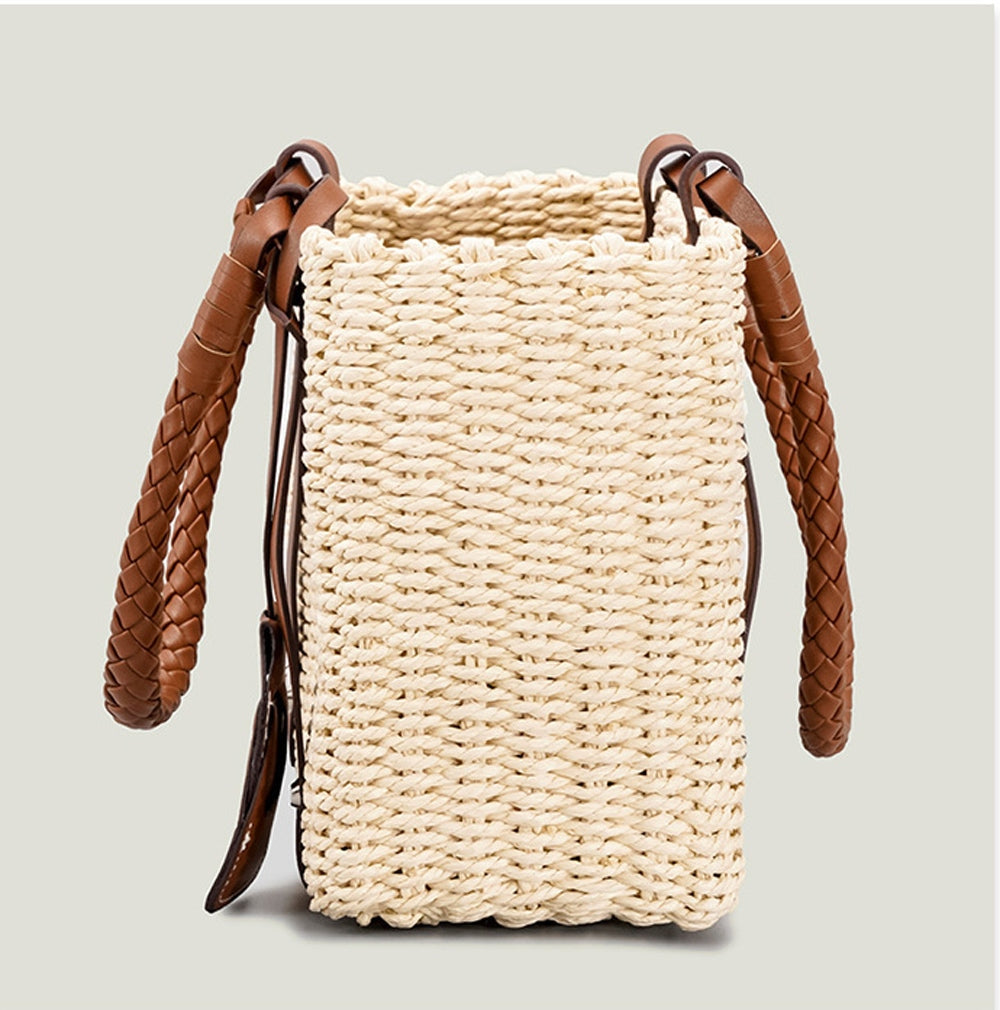 PU Leather Trimmed Raffia Straw Top Handle Tote Bag