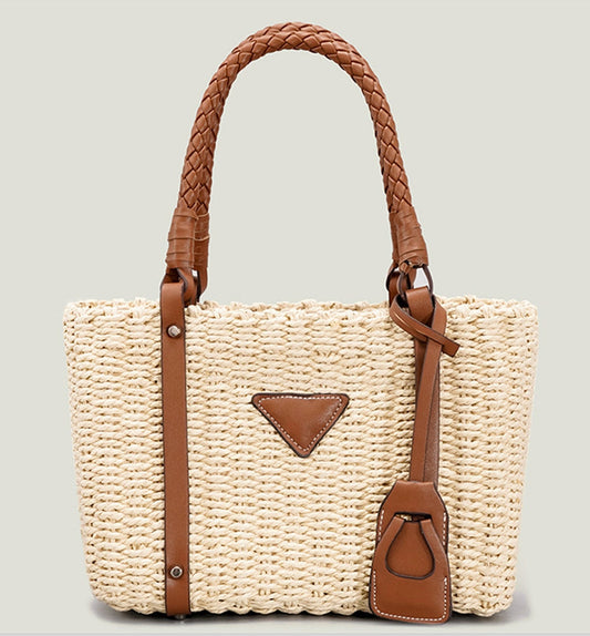 PU Leather Trimmed Raffia Straw Top Handle Tote Bag