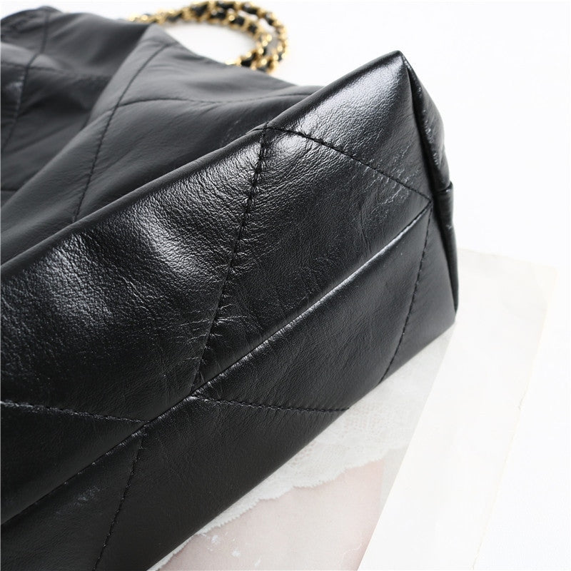 Shiny Quilted Calfskin Leather Shopper Hobo Bag Black