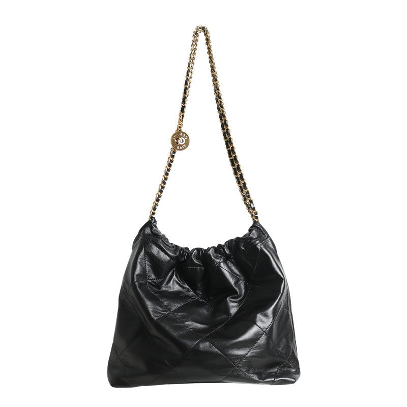 Shiny Quilted Calfskin Leather Shopper Hobo Bag Black