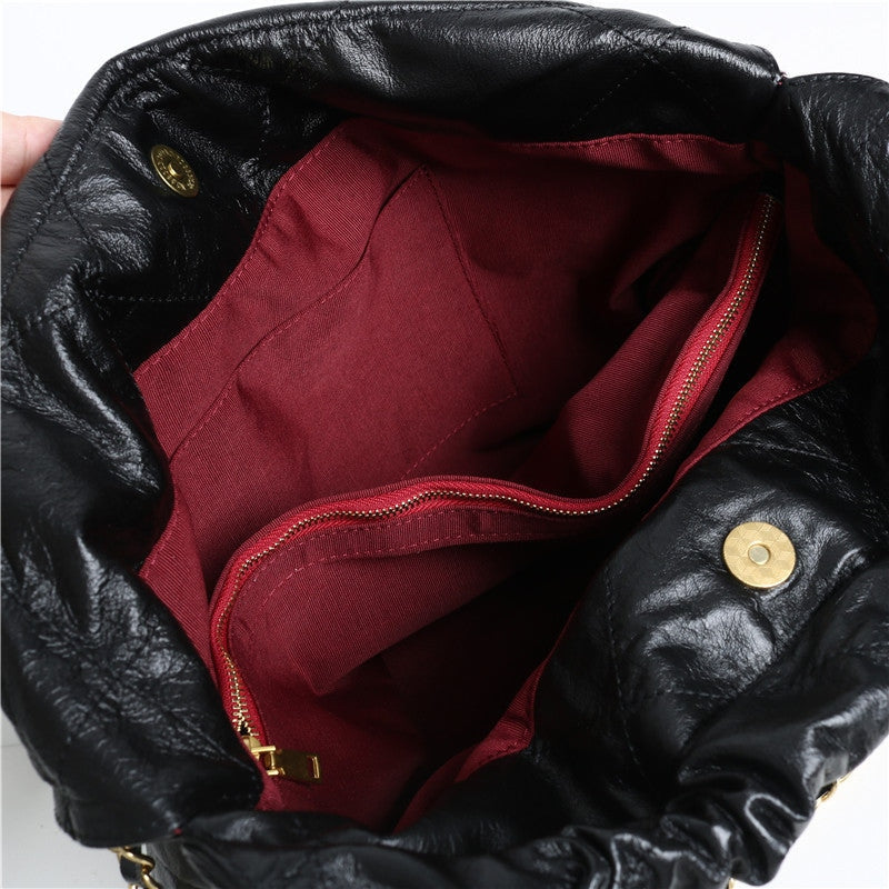 Shiny Quilted Calfskin Leather Shopper Hobo Bag Black