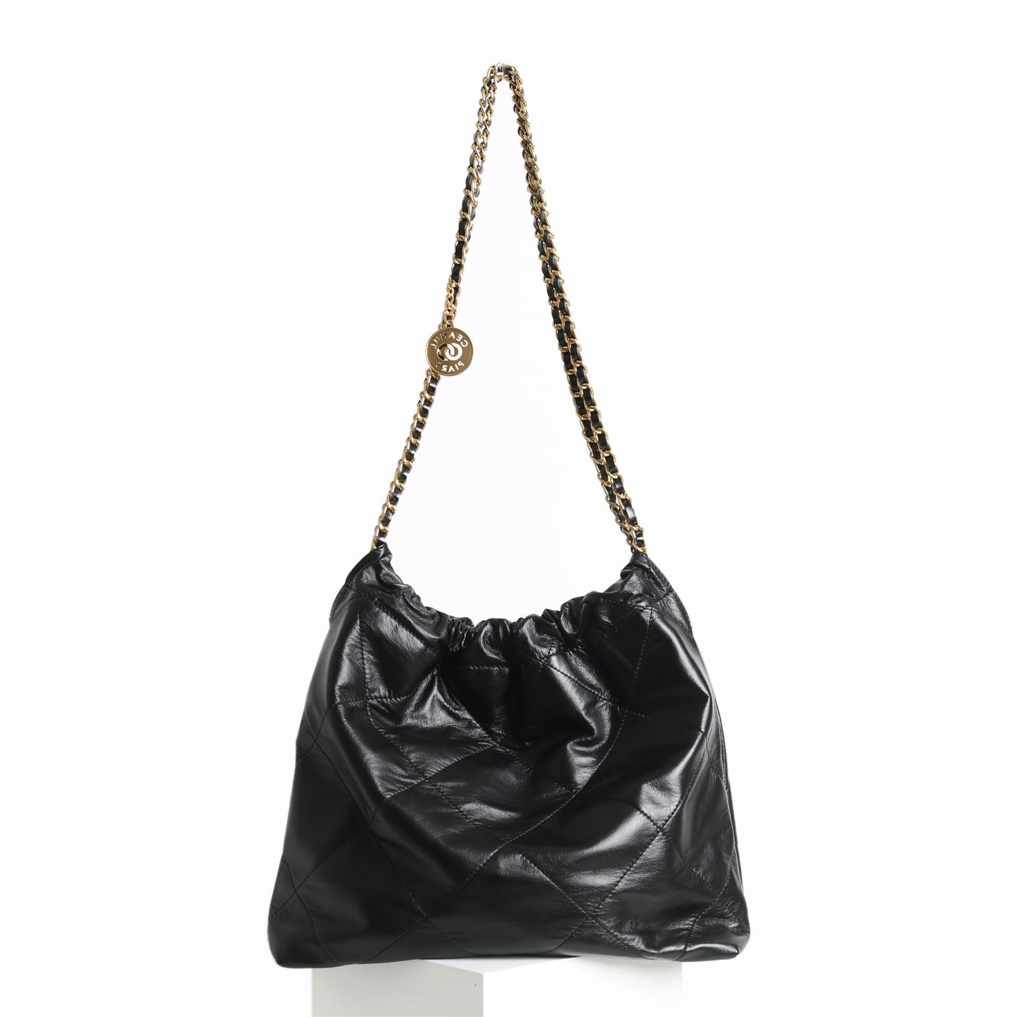 Shiny Quilted Calfskin Leather Shopper Hobo Bag Black