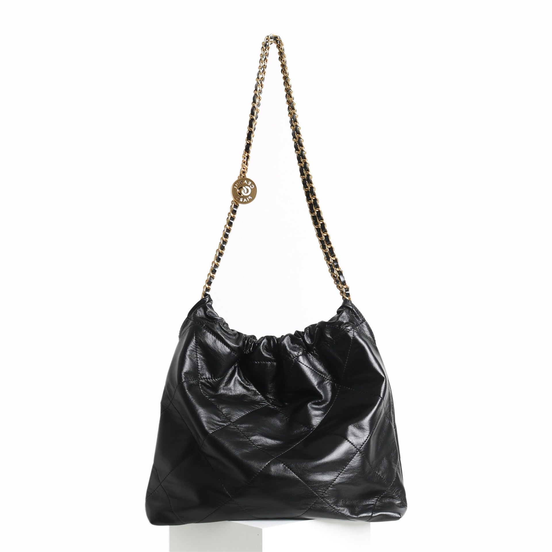 Shiny Quilted Calfskin Leather Shopper Hobo Bag Black