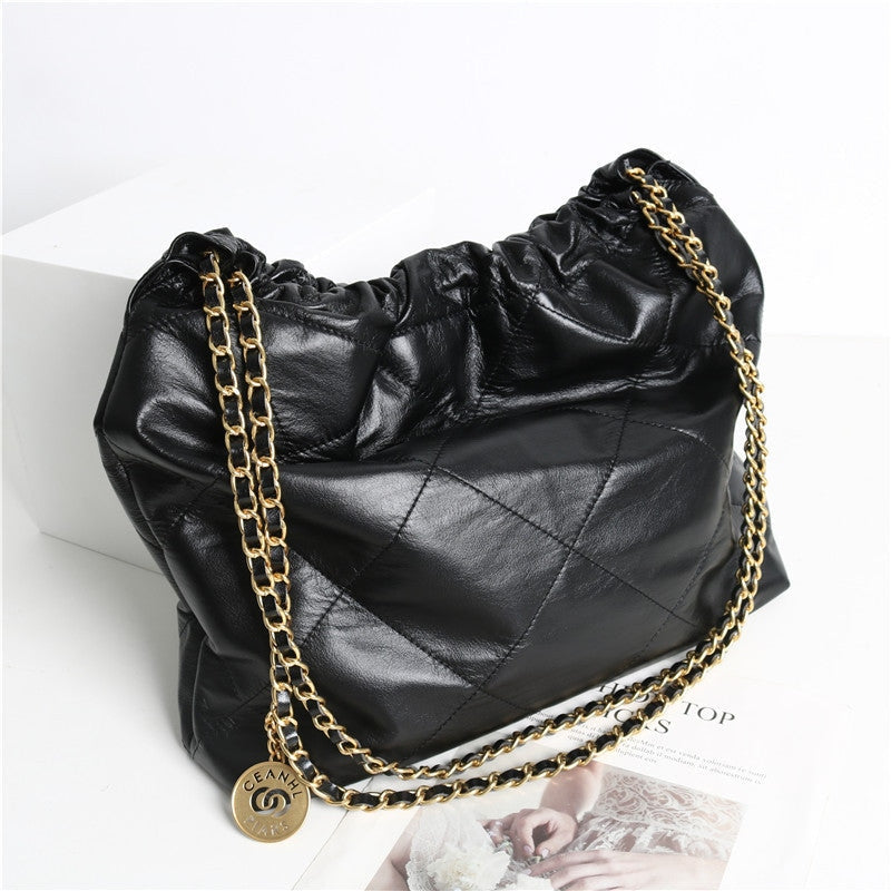 Shiny Quilted Calfskin Leather Shopper Hobo Bag Black