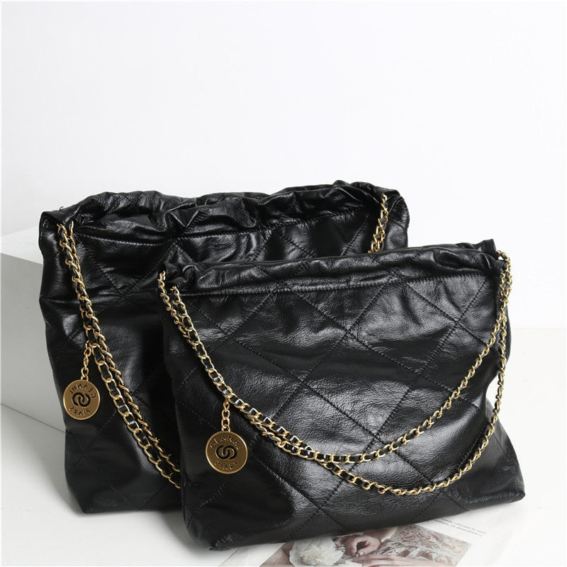 Shiny Quilted Calfskin Leather Shopper Hobo Bag Black