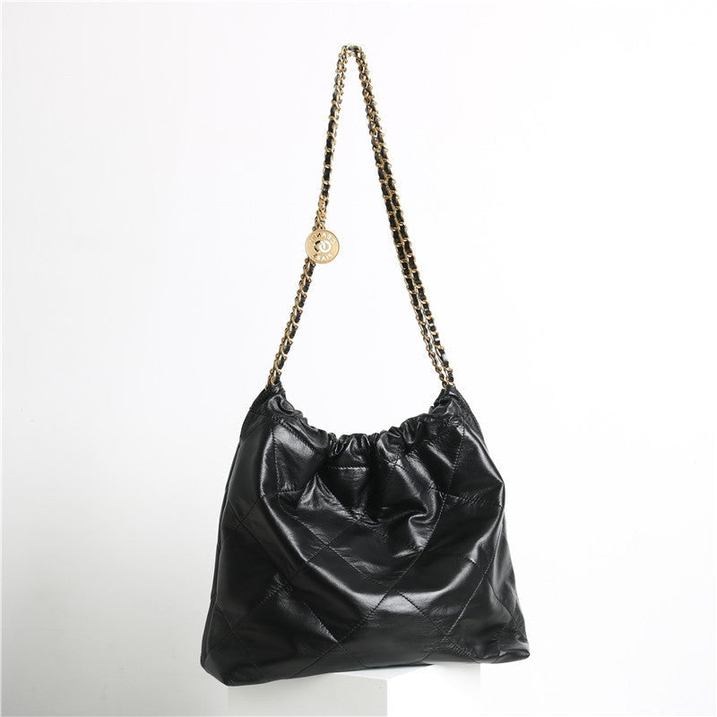 Shiny Quilted Calfskin Leather Shopper Hobo Bag Black