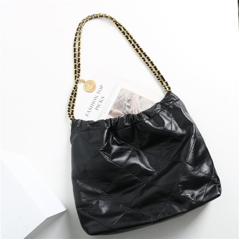 Shiny Quilted Calfskin Leather Shopper Hobo Bag Black
