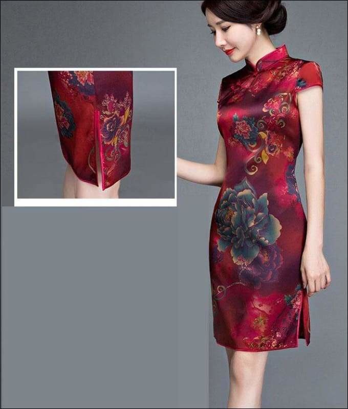 Wine Red Textured Floral Silk Cheongsam