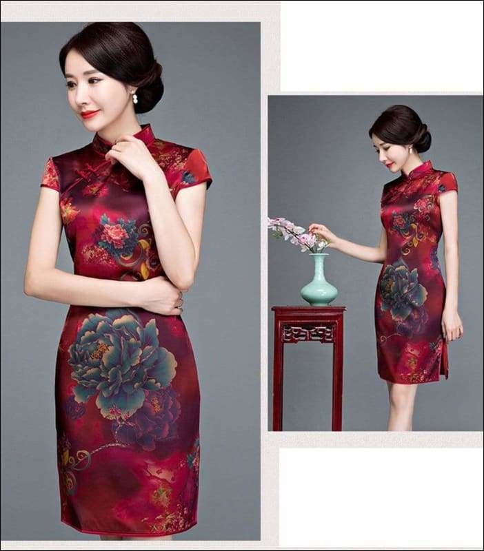 Wine Red Textured Floral Silk Cheongsam