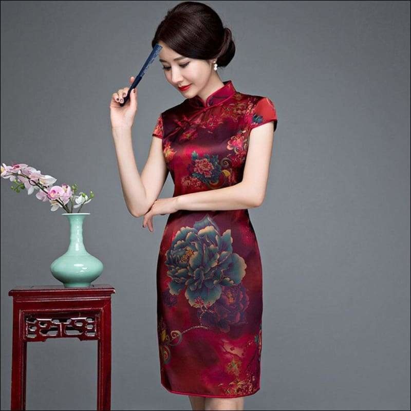 Wine Red Textured Floral Silk Cheongsam