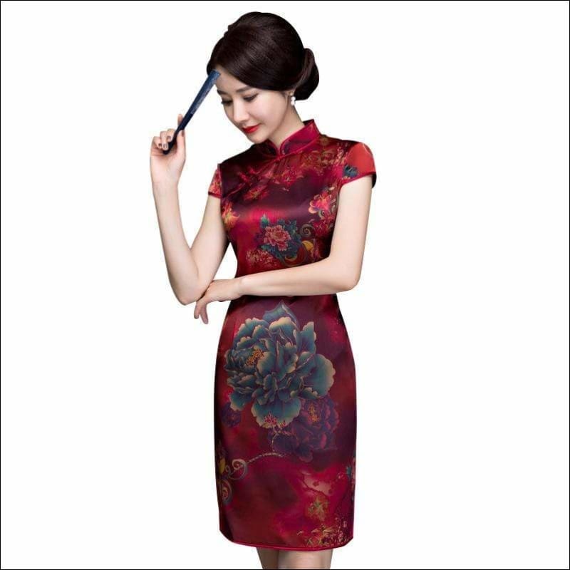 Wine Red Textured Floral Silk Cheongsam