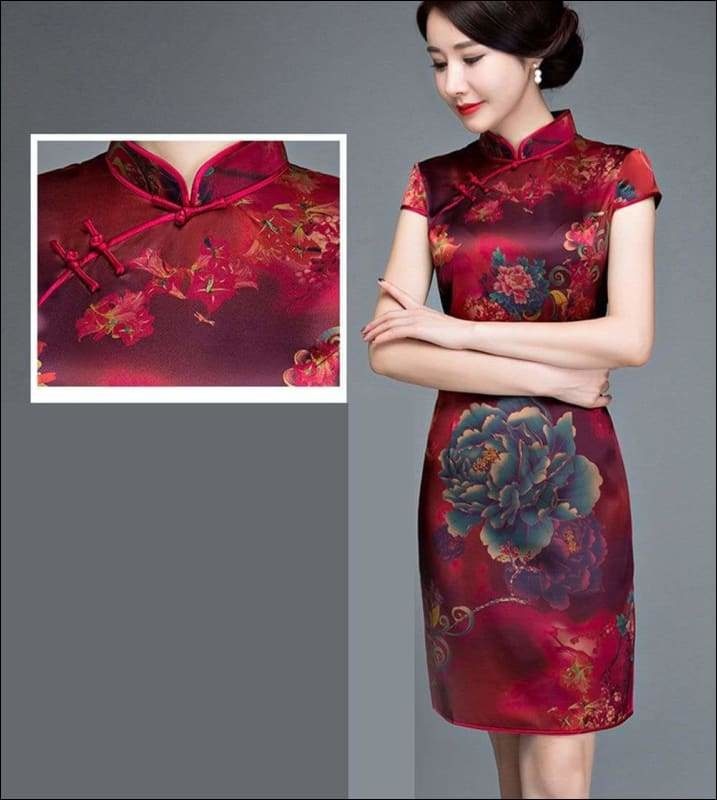 Wine Red Textured Floral Silk Cheongsam