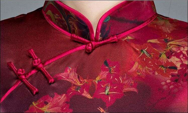 Wine Red Textured Floral Silk Cheongsam