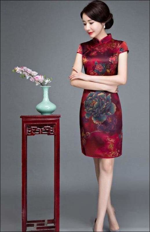 Wine Red Textured Floral Silk Cheongsam